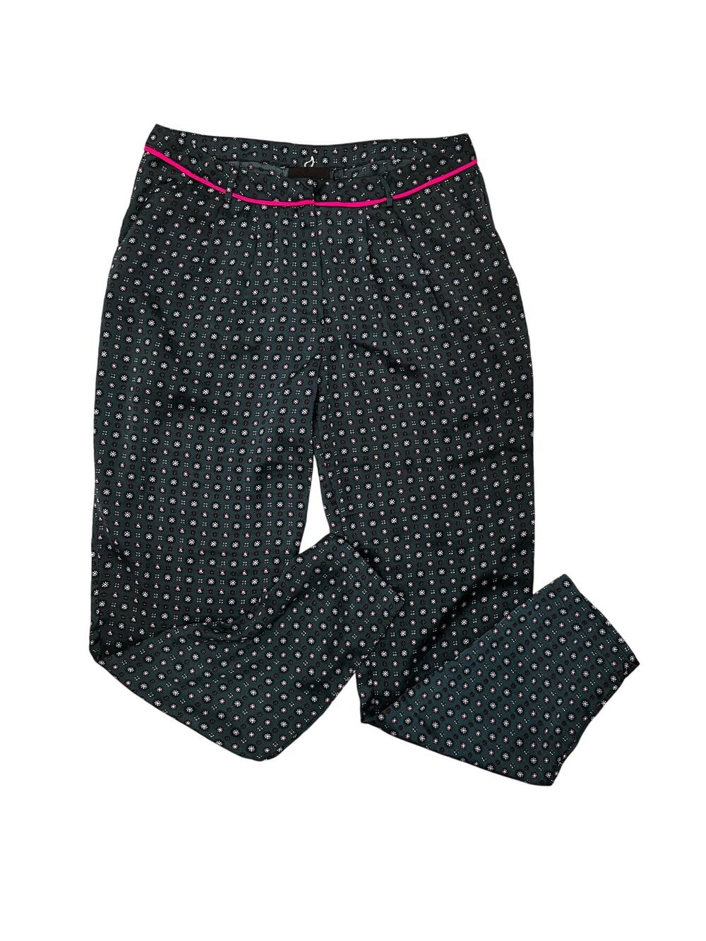 Greylin Anthro Teal Printed Satin Trouser Pants With Pockets Hot Pink Trim, S